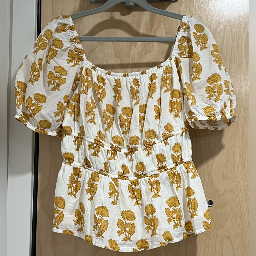 White & Gold Floral Print Peplum Top